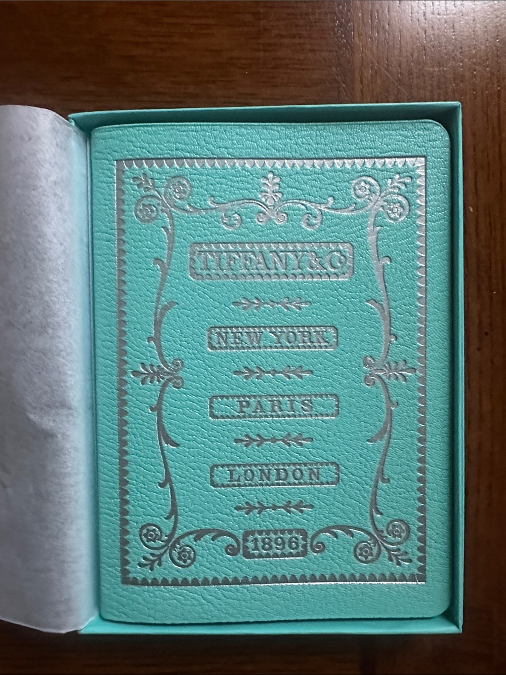NIB Note book Tiffany & Co. aqua blue leather notebook with silver foil